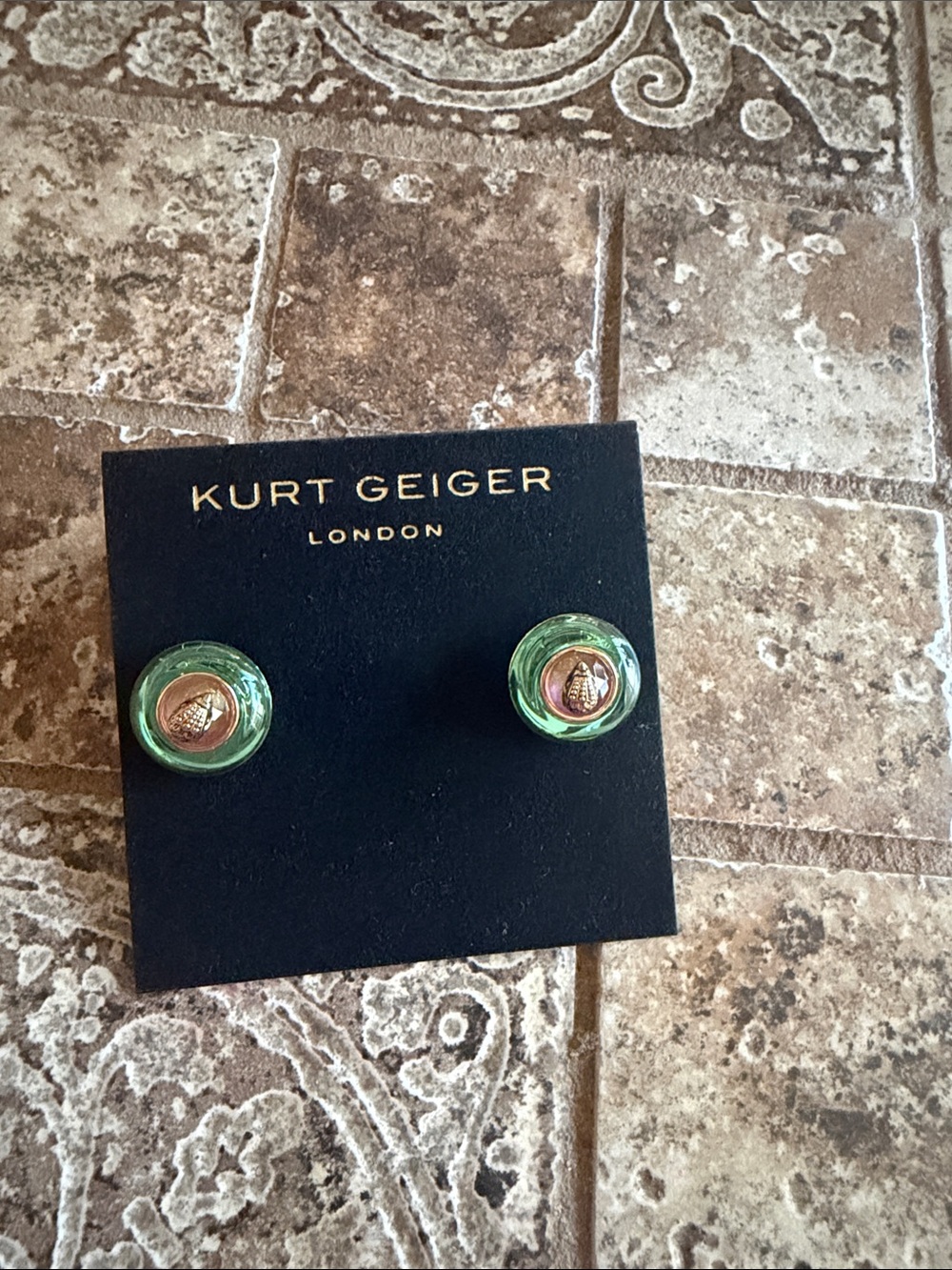 Kurt Geiger Mint Green Glass Button Stud Earrings with Gold Emblem